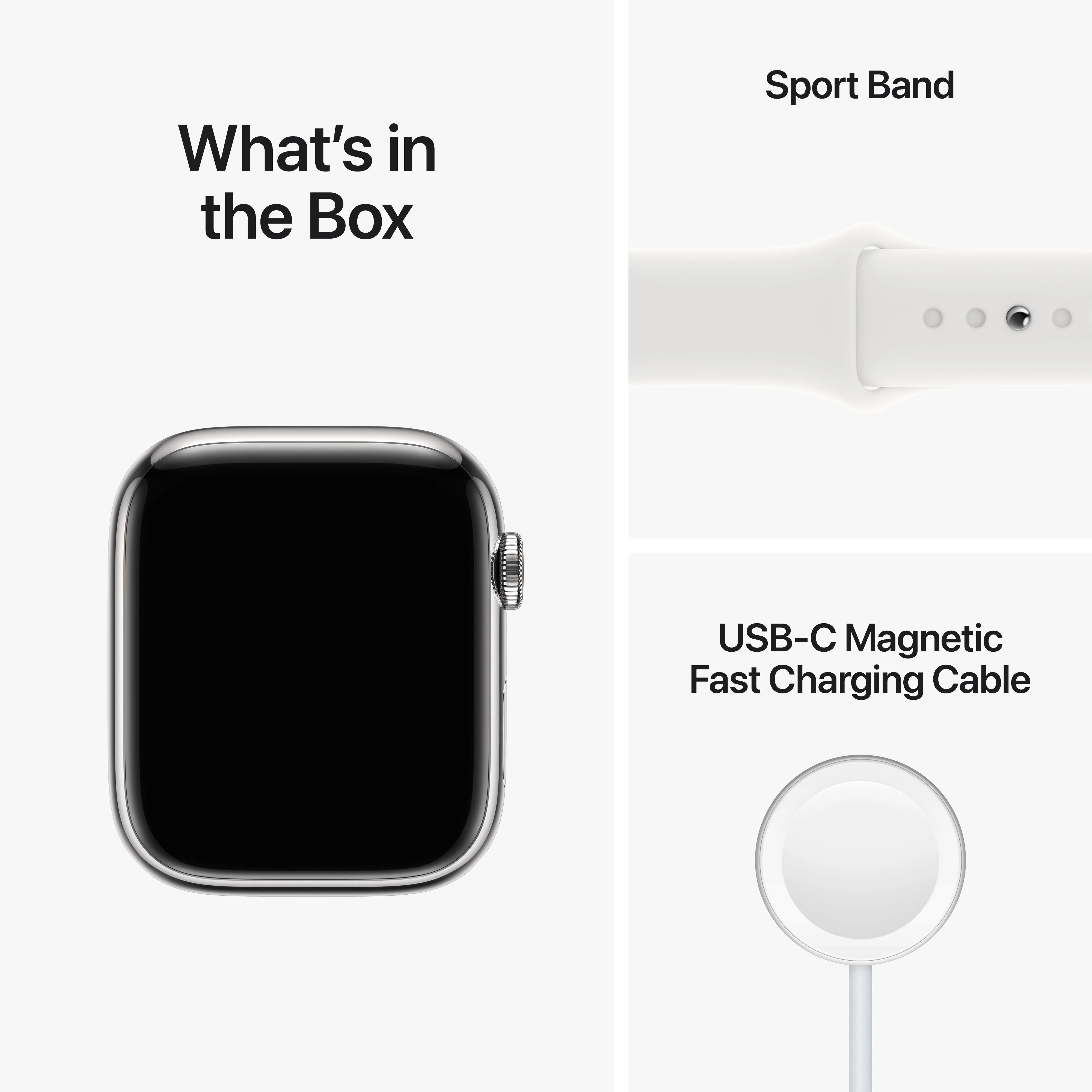 Apple Watch Series 8 GPS + Cellular 45mm Silver Stainless Steel Case with White Sport Band - Regular - Image 9
